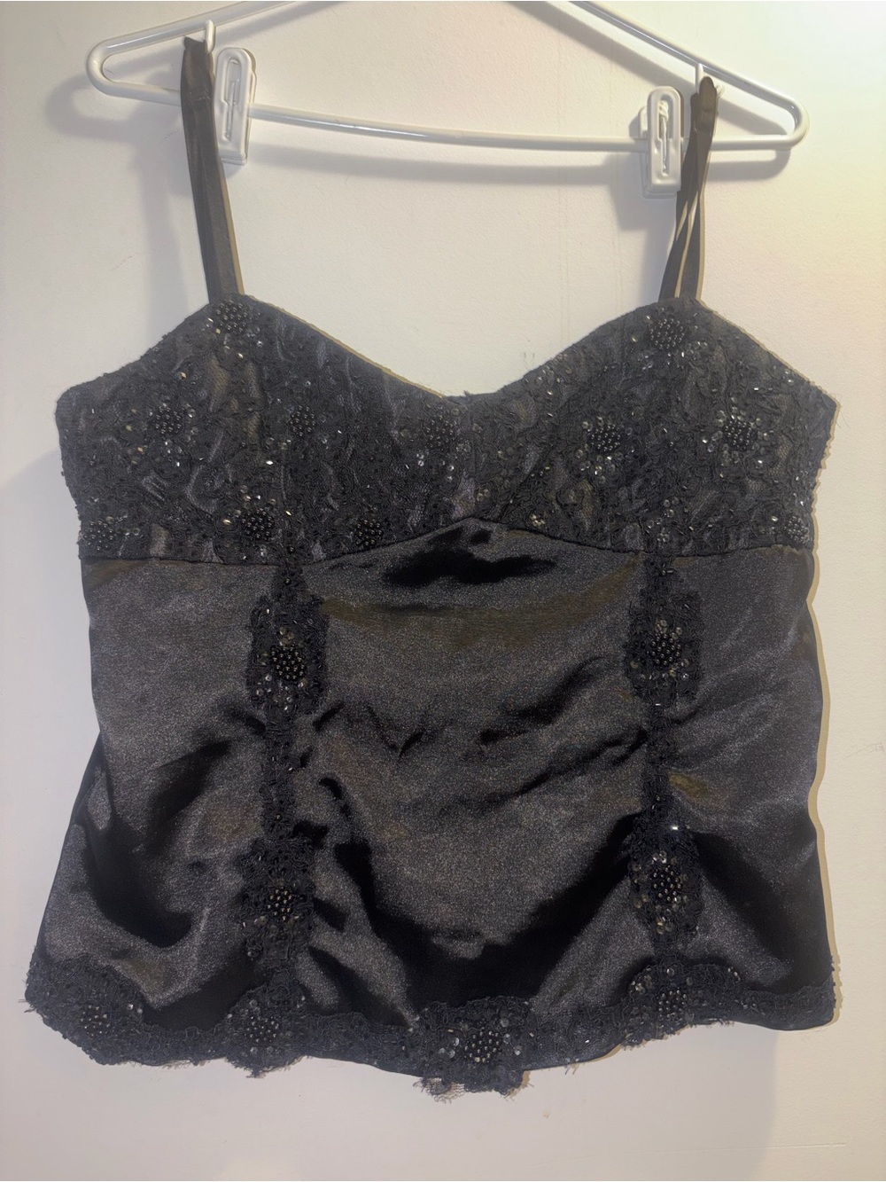 le chateau Black Beaded Lace Satin Camisole Top